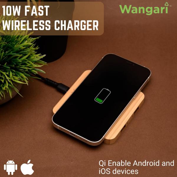 Pine 15W Square Bamboo Wireless Charger with USB Hub