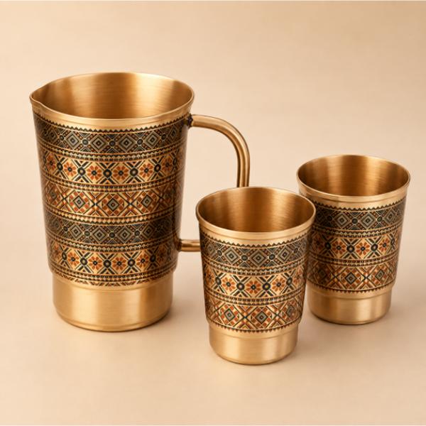 Pure Brass Gwaliyaar Jug with Glass Set 