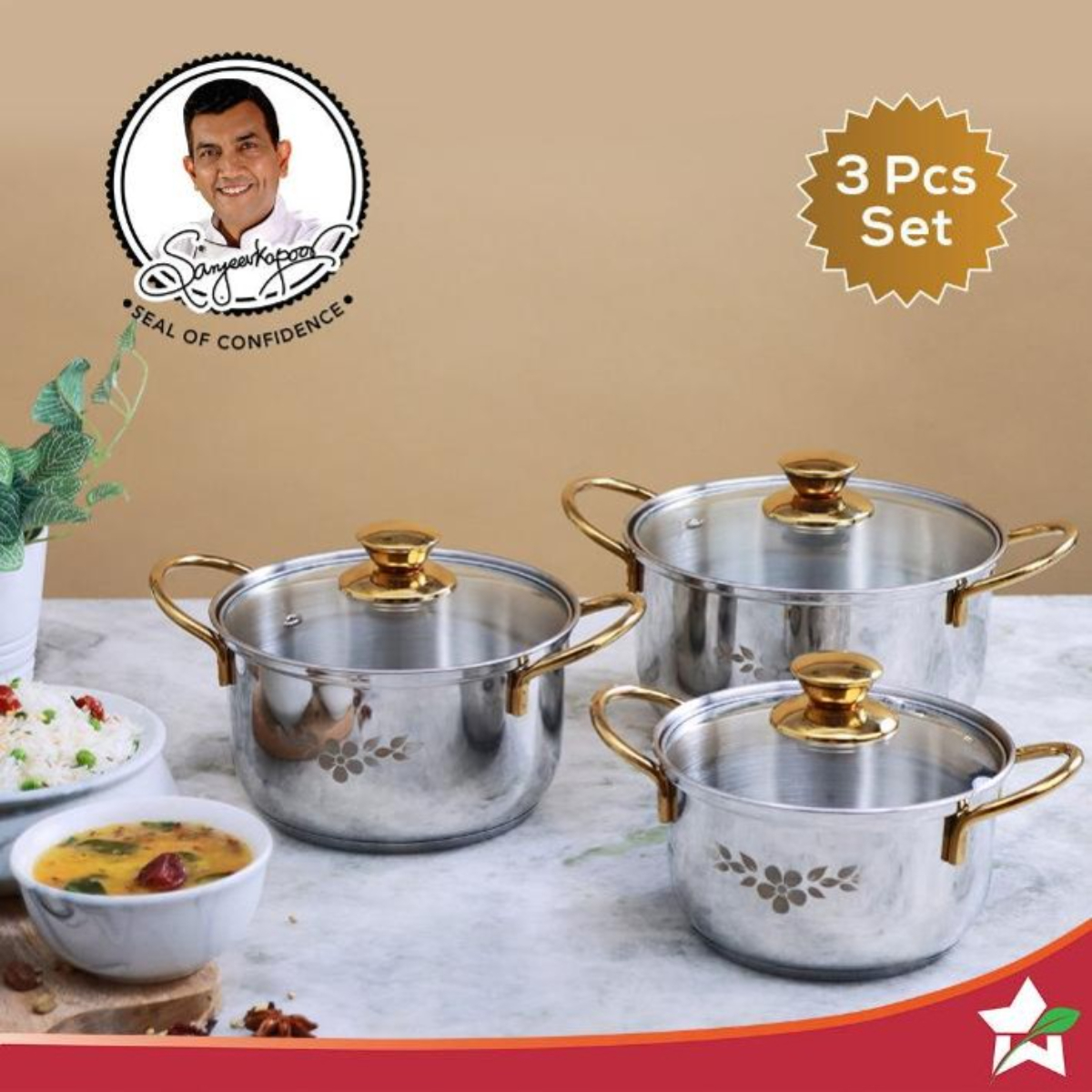 Wonderchef Gold Stanton Stainless Steel 3 piece Casserole Set with Glass Lid
