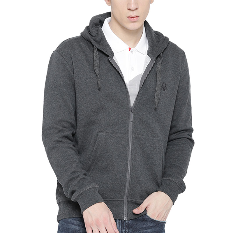 UCB Men Grey Solid Hooded Sweatshirt