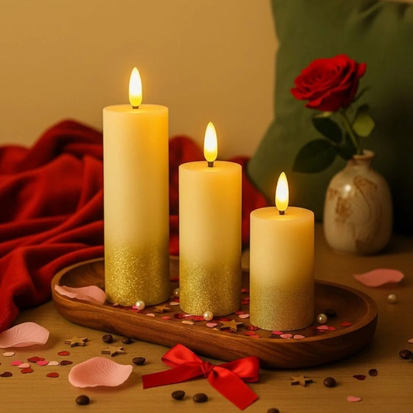 Flameless Smokeless and Unscented Golden Candle Set of 3